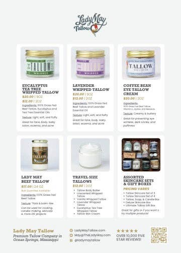 Tallow Body Butter, All Natural Grass Fed Beef Tallow Moisturizer with Vitamin E and Jojoba Oil