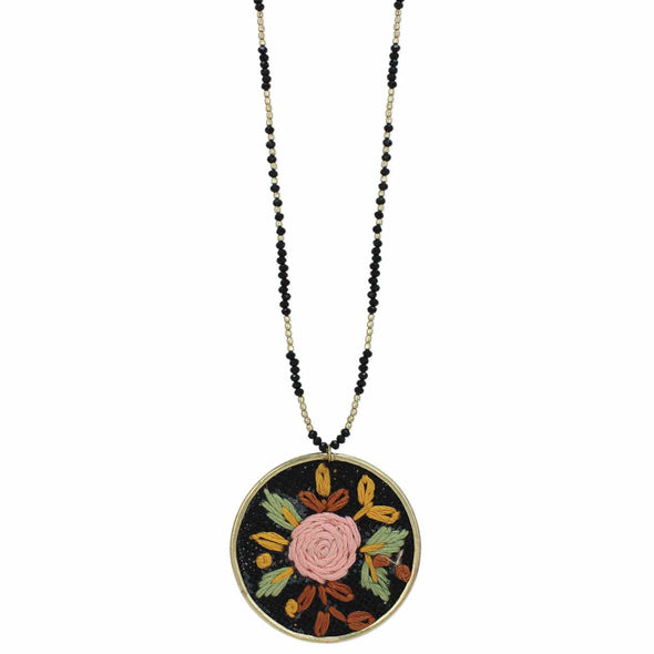 Black Floral Cross Stitch Bead Necklace