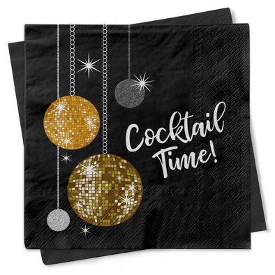 Black and Gold Disco Ball Cocktail Beverage Napkin