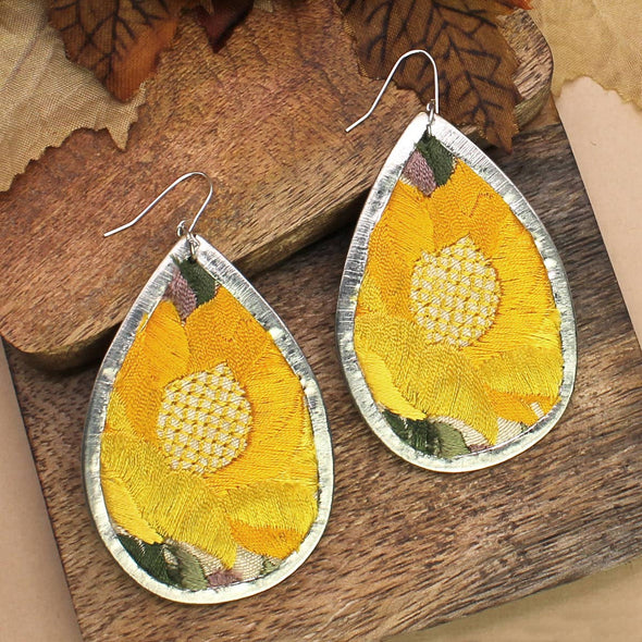 Yellow Floral Embroidered Silver Teardrop Earring